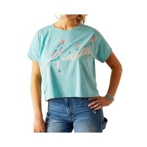 Ariat REAL Short Sleeve Boxy Crop T-Shirt Womens Sz 2XL - Marine Blue-Green Logo